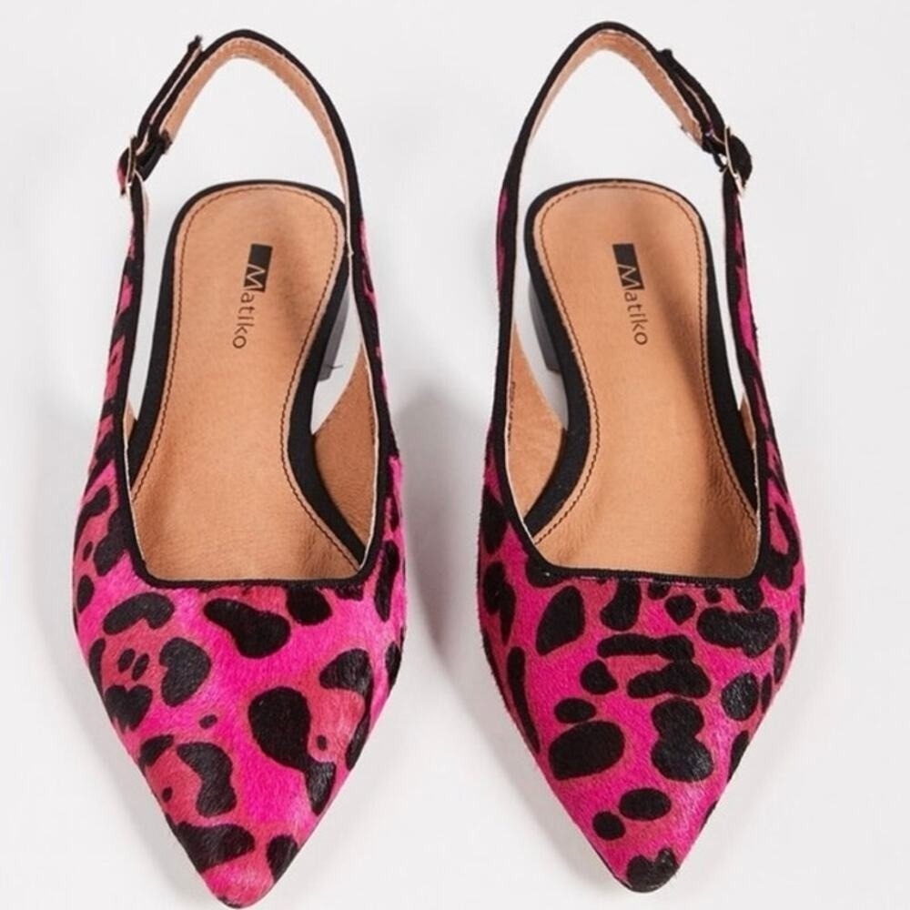Matiko Lori Fuchsia Pink Punk Leopard Calf Hair Pointed Toe Slingback Flats 6 36